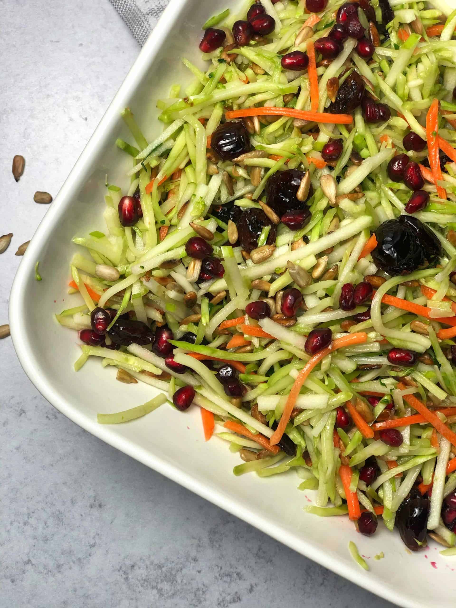 broccoli apple slaw with pomegranates cranberries sunflower seeds