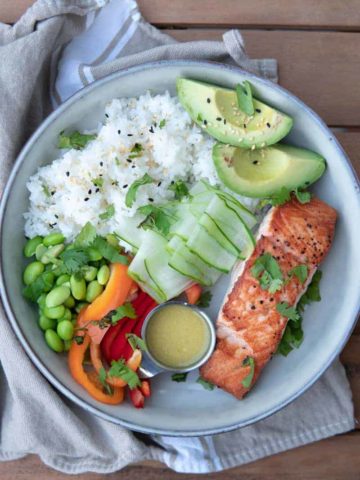 bowl of rice, salmon and veggies