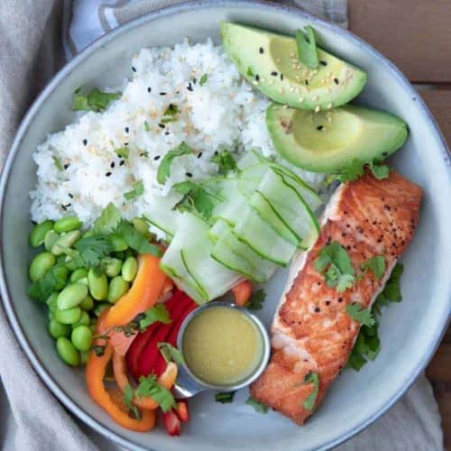 bowl of rice, salmon and veggies