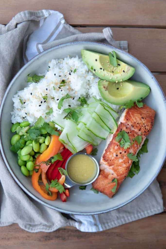 rice bowl with salmon and avocado
