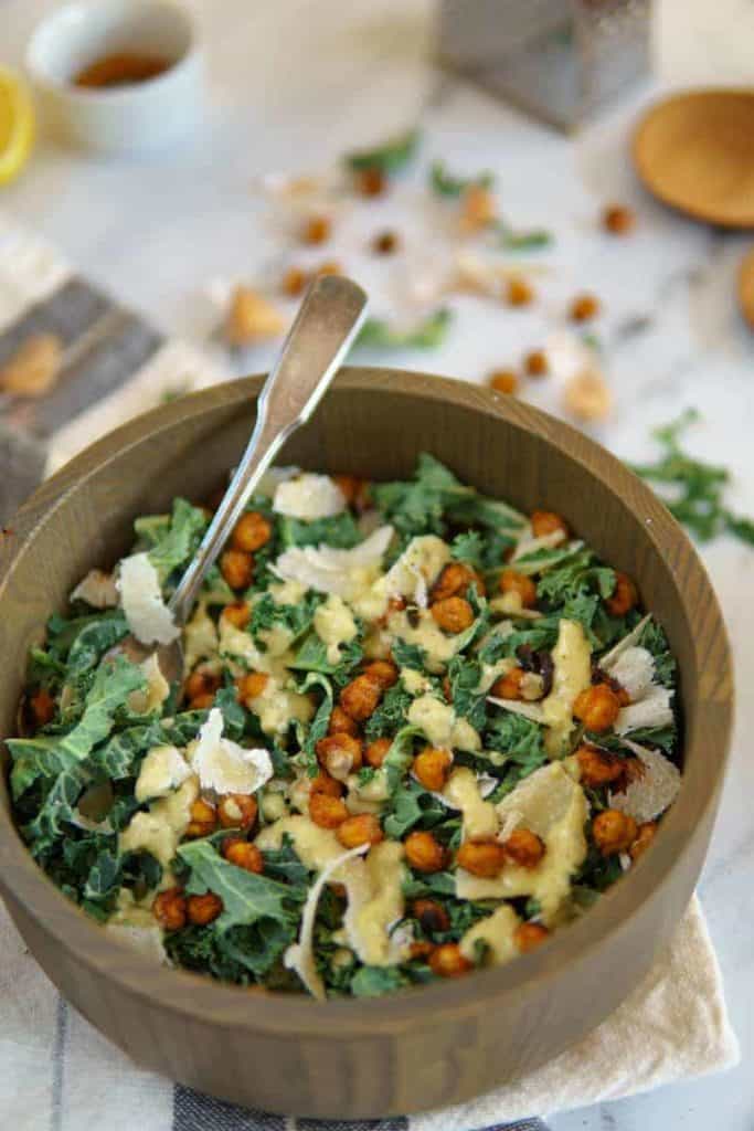 kale caesar salad with chickpea croutons
