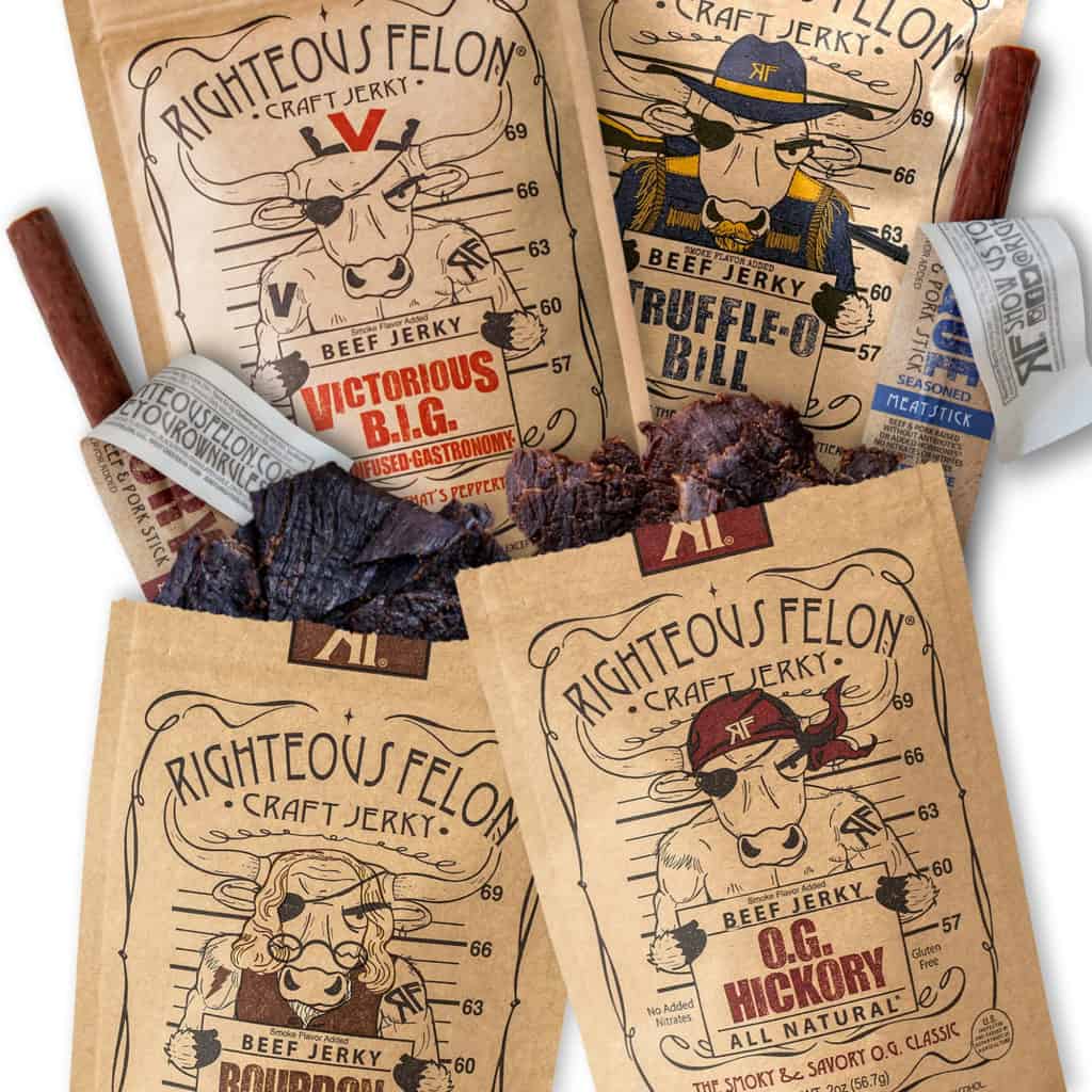 four packages of Righteous Felon beef jerky 