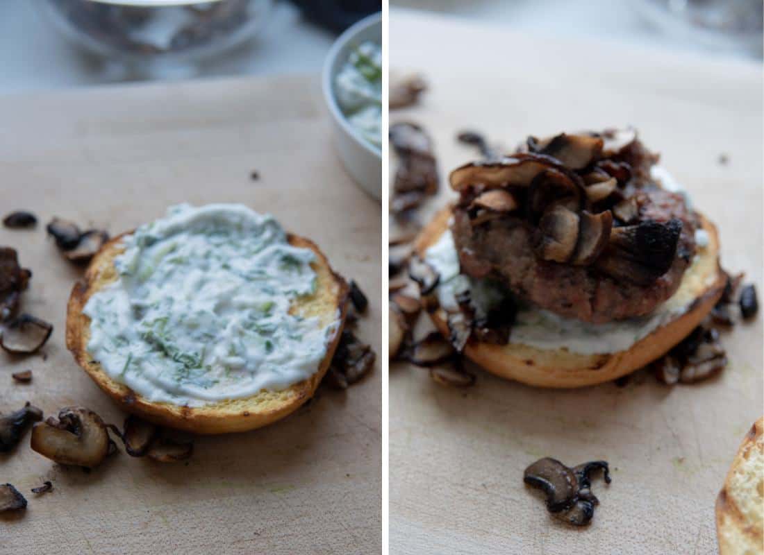 burger bun with tzatziki and mushrooms