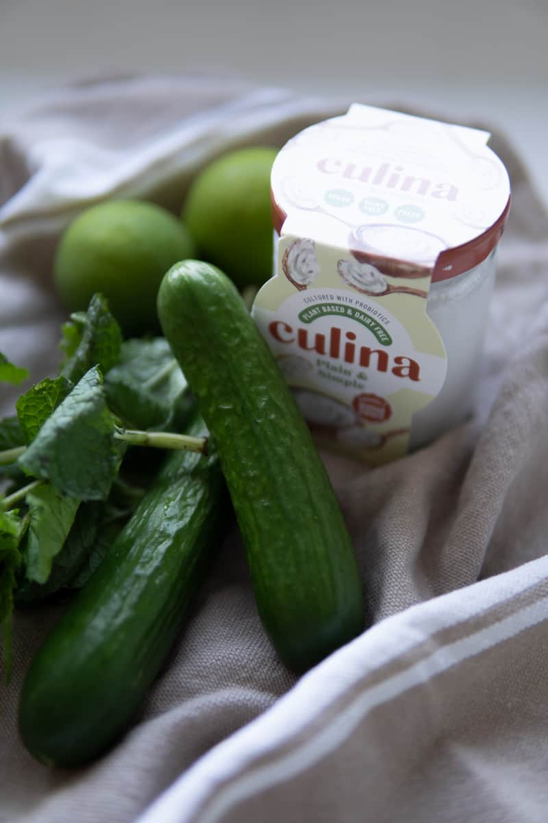 cucumbers and vegan yogurt, limes and mint
