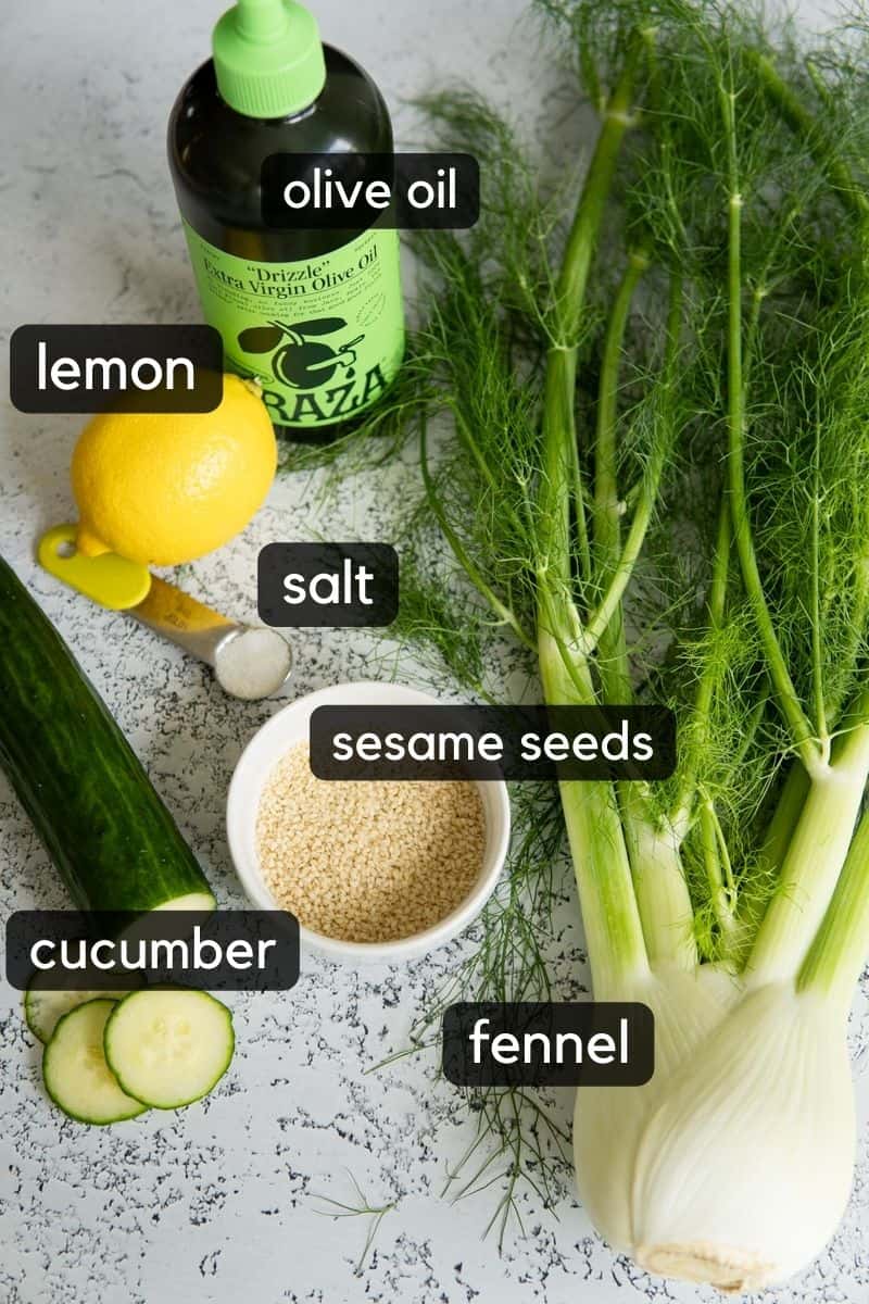 Labeled ingredients for cucumber fennel salad.