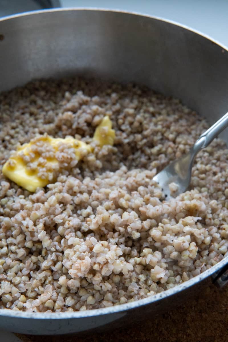 Cooked buckwheat with butter.