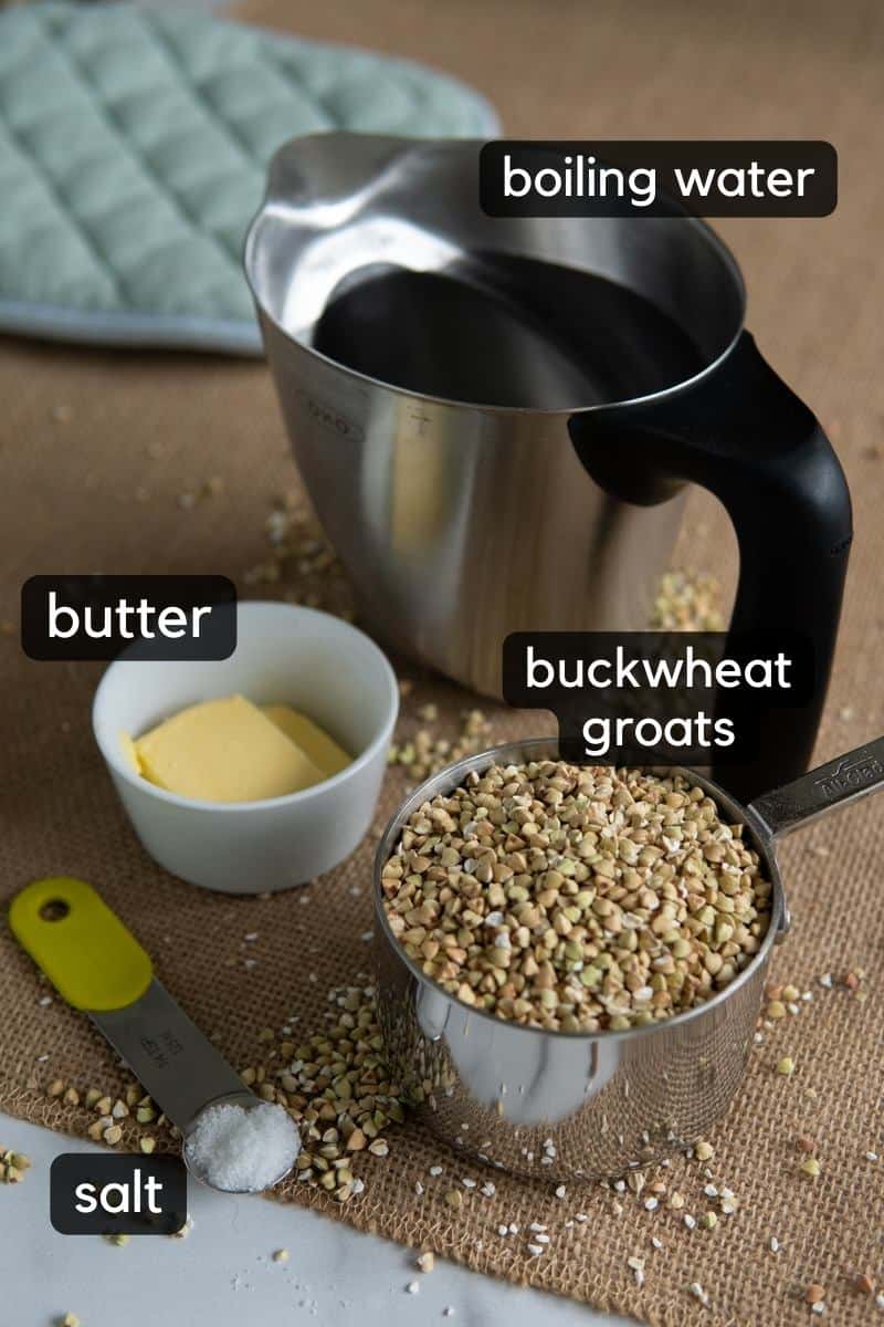 Ingredients needed to cook buckwheat groats.