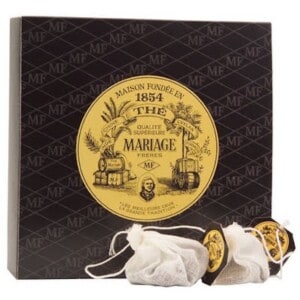 a black box with yellow circle label for Mariage Freres tea.