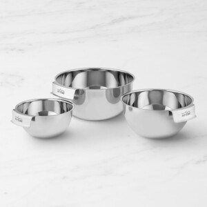 a set of 3 stainless steel bowls of varying sizes from allclad.