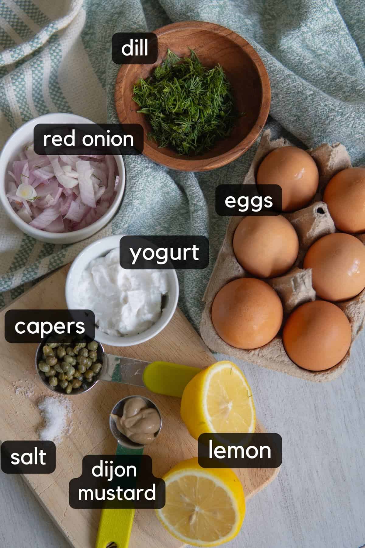 Ingredients needed to make egg salad.