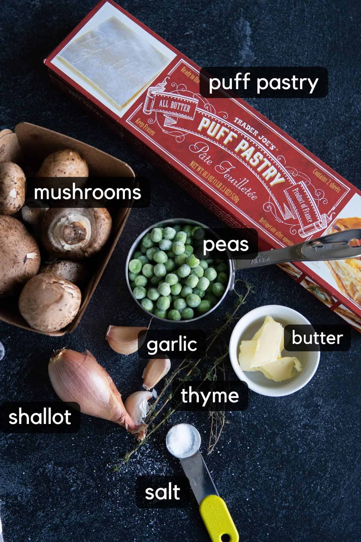 Ingredients needed to make mushroom puff pastry appetizers.
