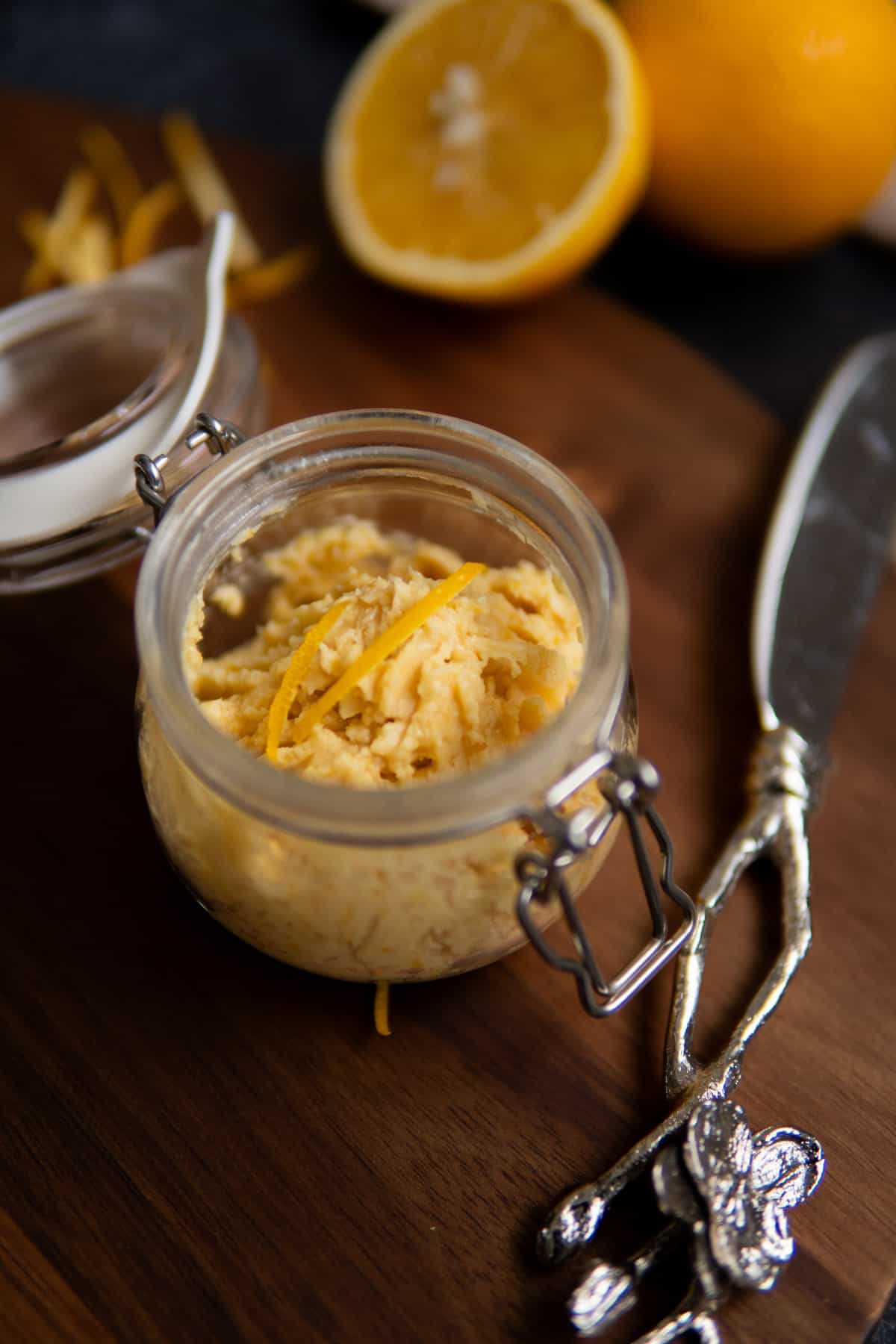 miso butter in glass jar with orange zest 