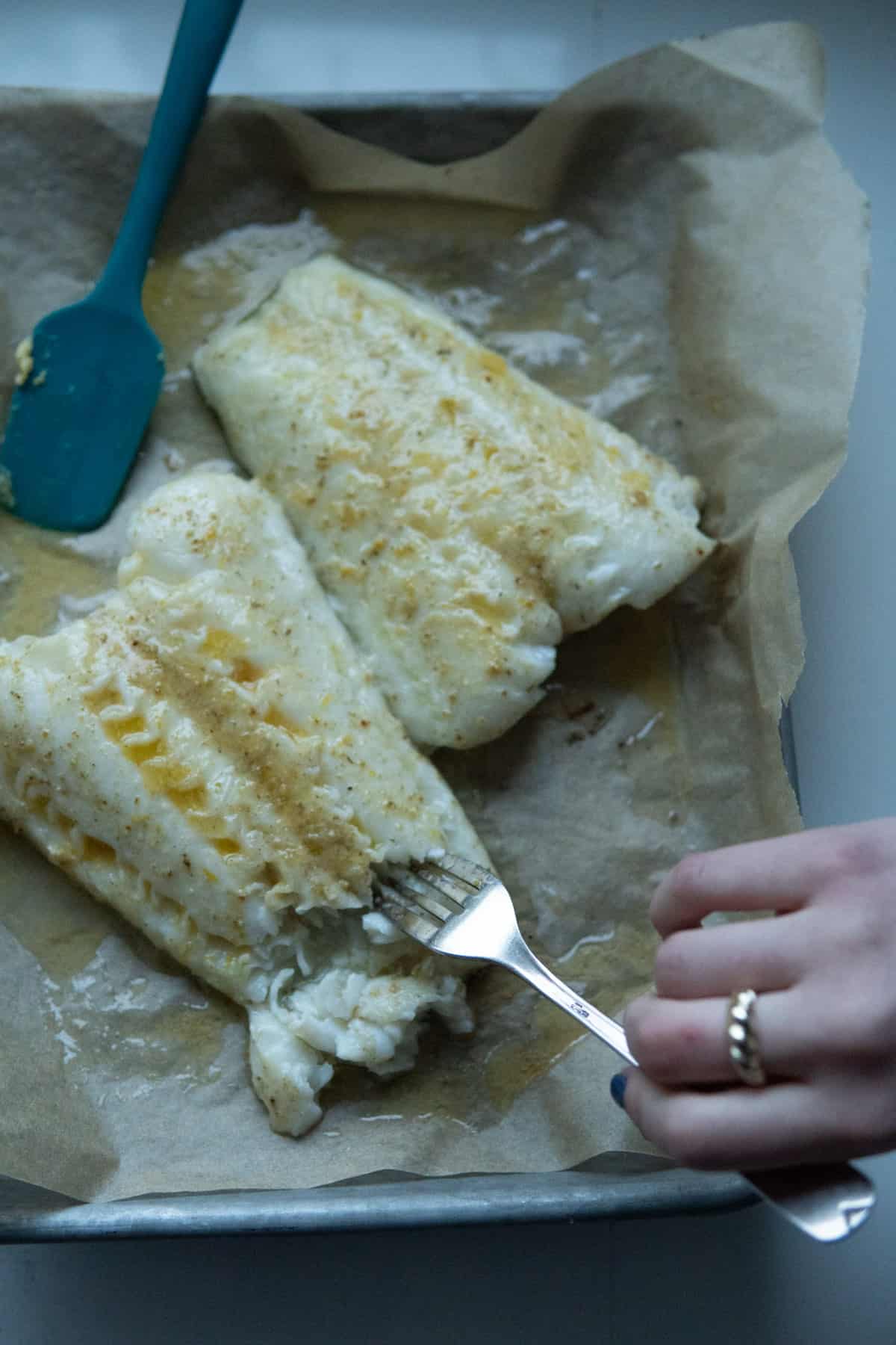 Flaky fillet of fish with fork