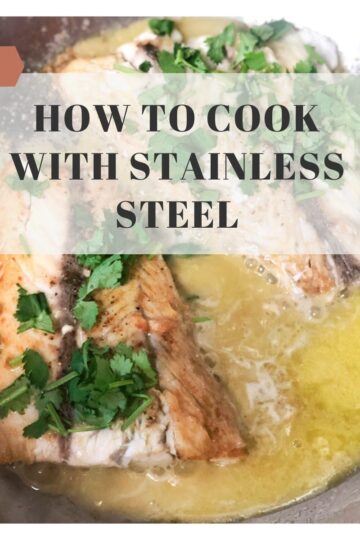 pan with fish and butter sauce with title block overlay