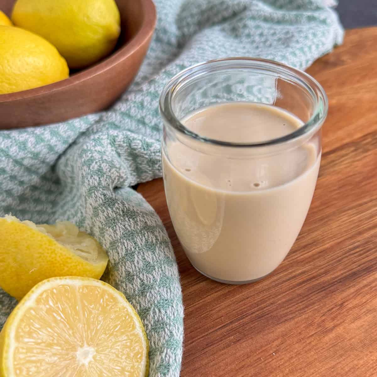 tahini dressing in glass jar