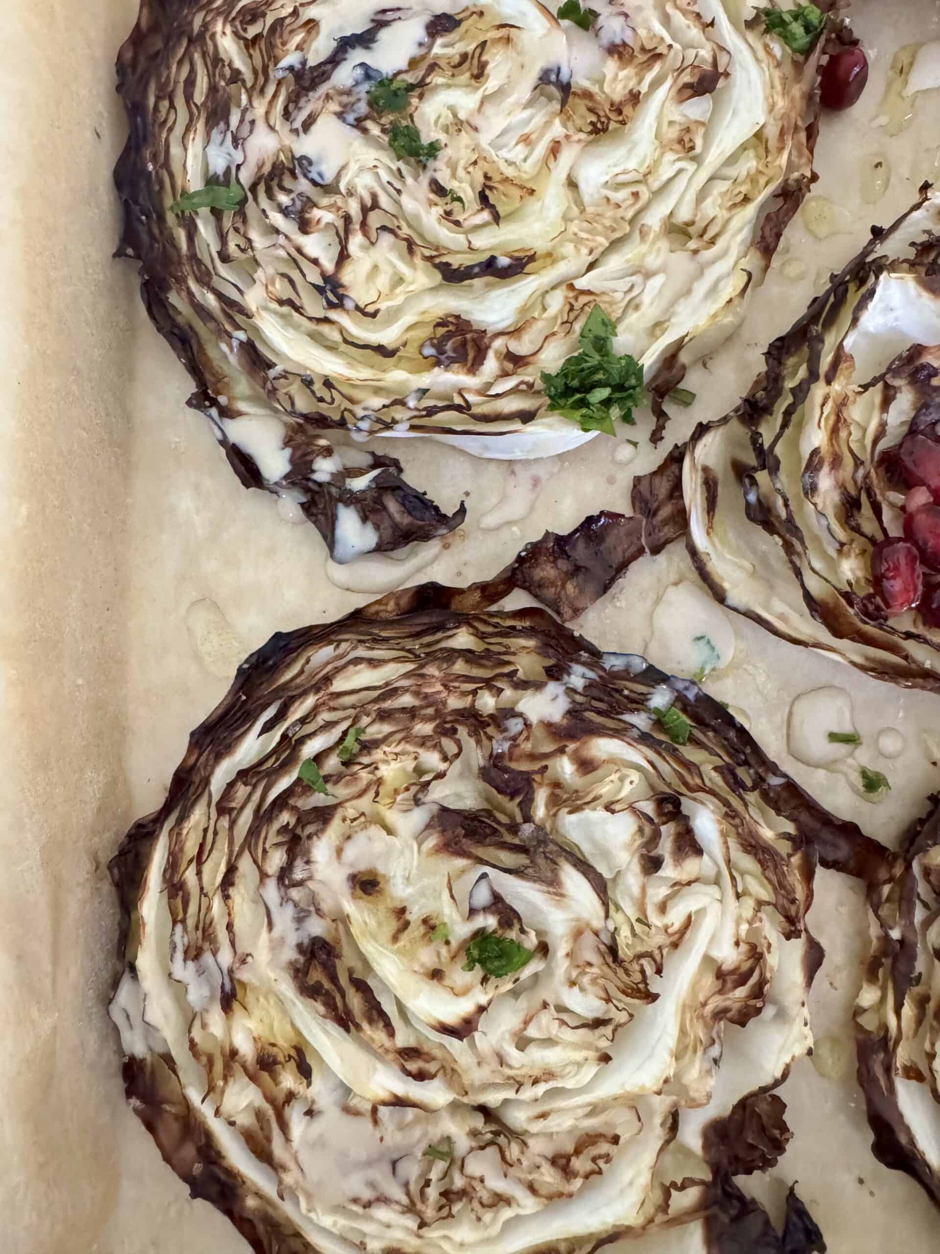 roasted cabbage steaks close up.